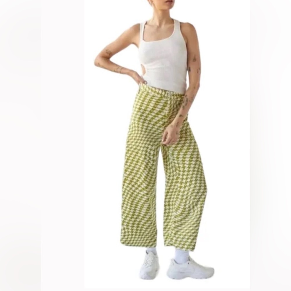 Urban Outfitters Olympia Crop Pants Mustard Green/White High Waisted Wide Leg L - Picture 6 of 7